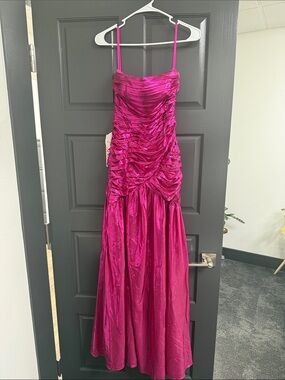 Strapless Ruched Satin Prom Dress in Fuchsia Pink